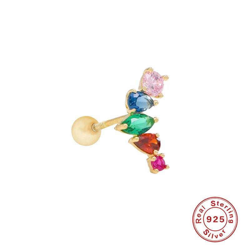 S925 Sterling Silver Creative Geometric Colorful Zircon Wing Threaded Piercing Ear Bone Stud European and American Hot-Selling Elegant Earrings