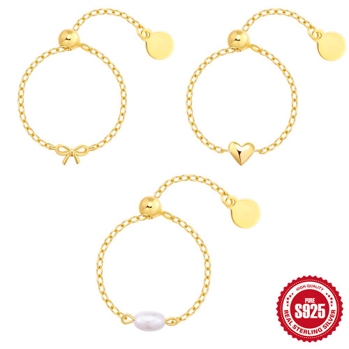 S925 Sterling Silver Minimalist Heart Bowknot Simple Chain Ring New Luxury Adjustable Pearl Index Finger Ring