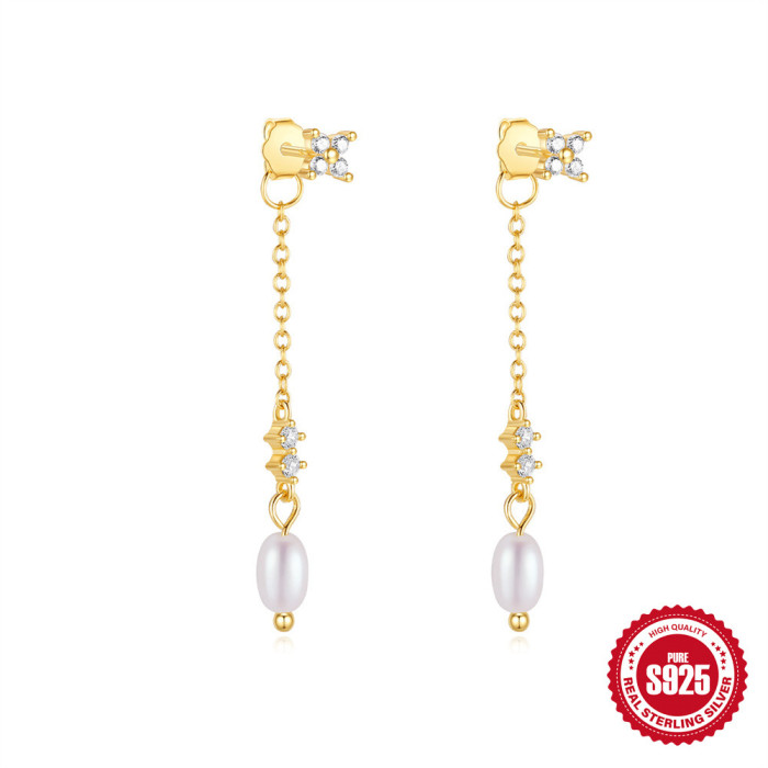S925 Sterling Silver Super Flash Zircon Water Drop Tassel Earrings Korean Version Fresh High-end Pearl Butterfly Heart Earrings for Women