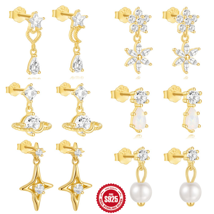 New S925 Sterling Silver Niche Design Planet Zircon Earrings European and American Hot-Selling Water Drop High-End Pearl Earrings