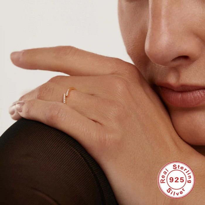 S925 Sterling Silver Single Row Stone-Encrusted Geometric Zircon Ring Index Finger Ring Korean Version Minimalist I...