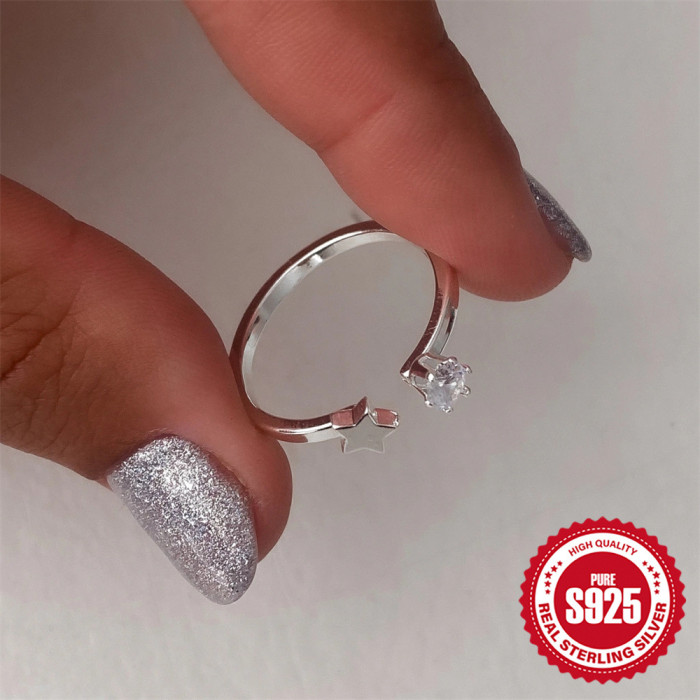 New S925 Sterling Silver Versatile Inlaid Diamond Star Moon Open Ring Korean and Japanese Niche Design Index Finger Ring