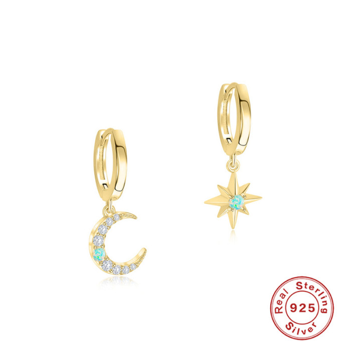S925 Sterling Silver Star Moon Inlaid Diamond Opal Hoop Earrings Cross Ear Clips Earrings European and American Hot Trendy INS Earrings for Women