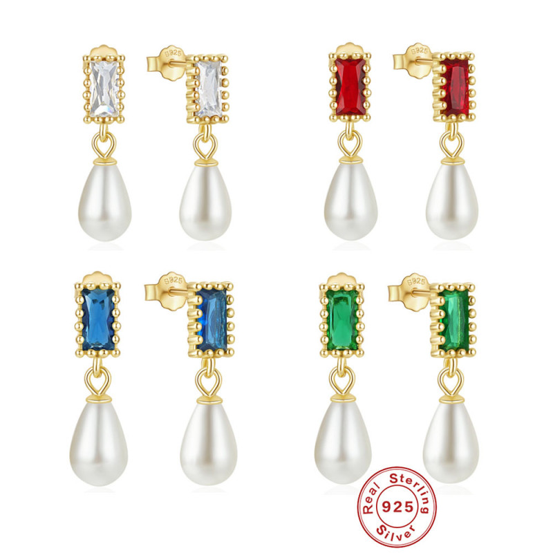 925 Sterling Silver Square Colorful Inlaid Diamond Pearl Earrings Studs European American French Style Light Luxury Elegant Super Shiny Earrings for Women