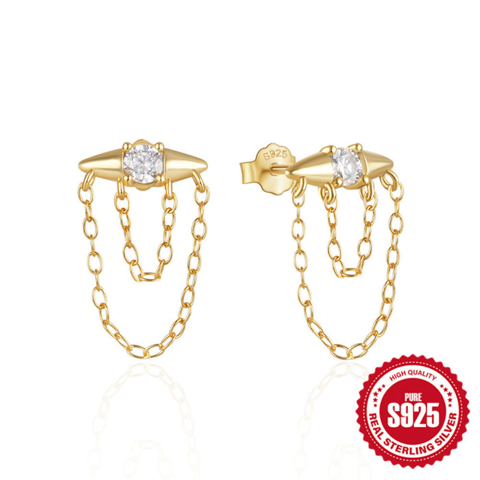 Hot Selling 925 Sterling Silver Double Chain Tassel Inlaid Diamond Stud Versatile Earrings European and American Creative Personality Earrings for Women