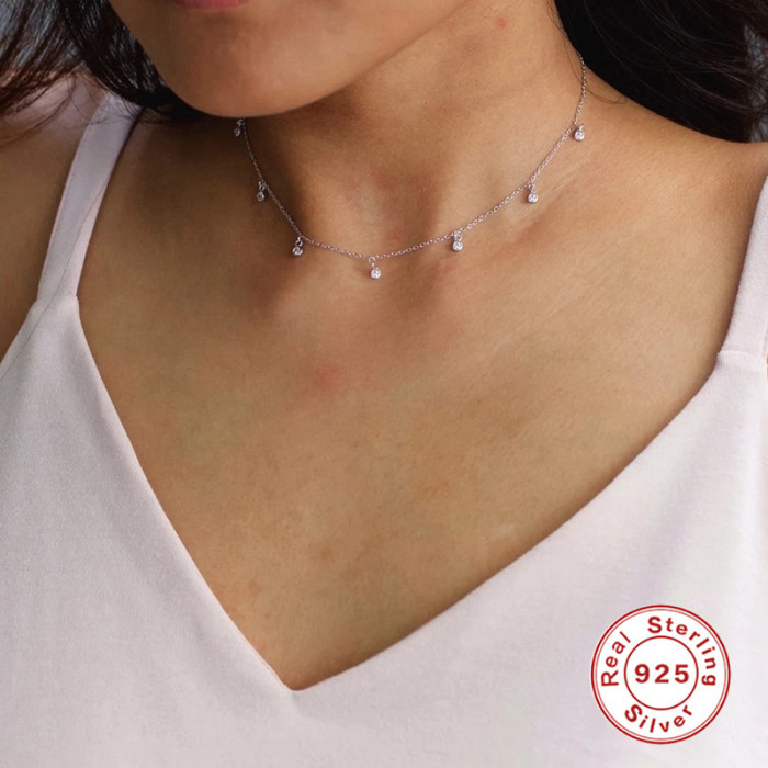 S925 Sterling Silver INS Mini Small Round Diamond Layered Collarbone Chain European and American Cross-Border Hot Selling Low-Key Luxury Necklace for Women