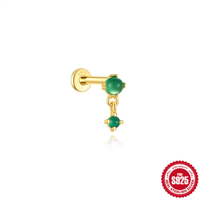 S925 Sterling Silver Natural Green Chalcedony Diamond Light Luxury Flat Head Threaded Piercing Ear Bone Stud European and American Hot Selling Elegant Ear Jewelry