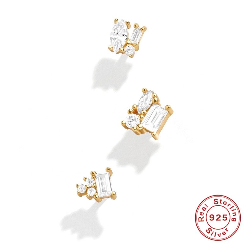 S925 Sterling Silver Geometric Colorful Inlaid Diamond Earrings Set AliExpress Hot Sale Fashion Trend INS Style Earrings