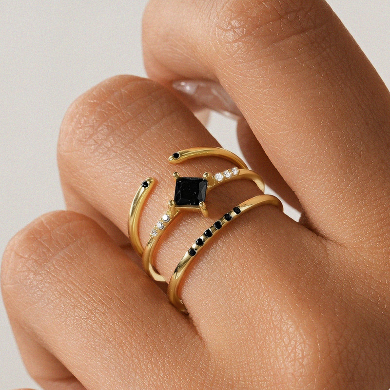 S925 Sterling Silver Black Diamond Ring for Women Fashion Geometric Zircon Stackable Ring Light Luxury Style Dark Series Three-Piece Set