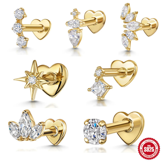 925 Sterling Silver INS Style Inlaid Diamond Octagonal Star Heart Flat Head Soft Bone Piercing Ear Bone Stud European and American New Style Threaded Earrings