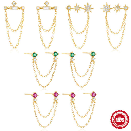 New S925 Sterling Silver Double Layer Chain Five-Pointed Star Tassel Inlaid Diamond Earrings Stud Earrings European and American Hot-Selling Earrings for Women