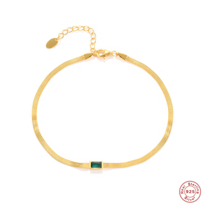 S925 Sterling Silver Stone-Inlaid Flat Snake Bracelet for Women, Korean and French Style, Niche Light Luxury Fashio...