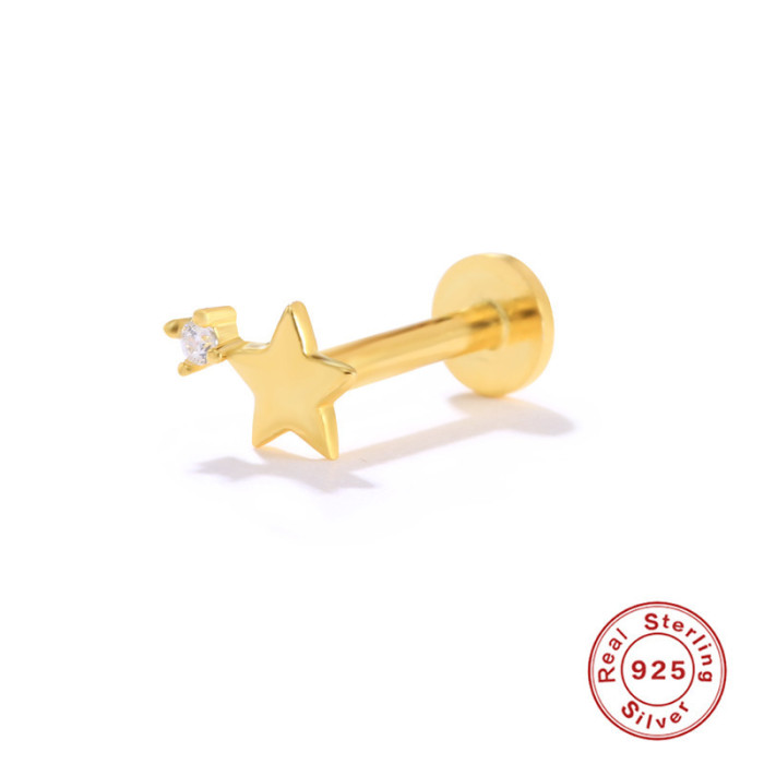S925 Sterling Silver Smooth Five-Pointed Star Diamond-Studded Piercing Earrings Korean and Japanese Style Personality Flat Head Threaded Piercing Cartilage Stud Earrings