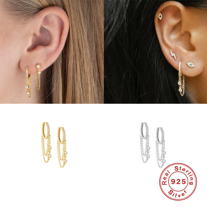S925 Sterling Silver Inlaid Diamond Chain Earrings Hoop Earrings Fashion Bestselling Personality Trendy Minimalist Creative Ear Clips