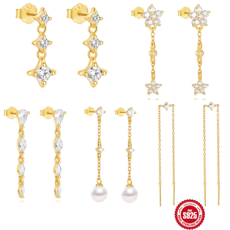 New S925 Sterling Silver Exquisite Flower Tassel Chain Earrings Korean Style Niche Inlaid Diamond Pearl Long Slimming Ear Jewelry