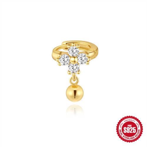 S925 Sterling Silver Four-Leaf Clover Floral Inlaid Diamond Ear Cuff Earrings for Women Korean Style Design Small Gold Bead Pendant Ear Cuff