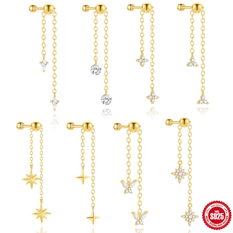 New S925 Sterling Silver Tassel Chain Adjustable Diamond-Studded Round Bead Threaded Piercing Ear Bone Stud European and American Hot-Selling Earrings