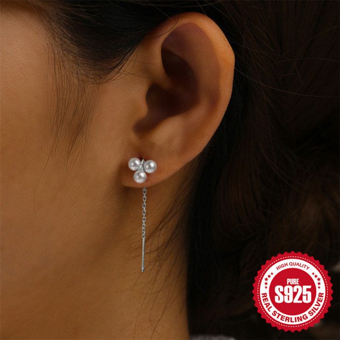 New 925 Sterling Silver Diamond-Studded Pearl Tassel Earrings Ear Thread Earrings Korean and Japanese Niche High-End INS Minimalist Earrings for Women
