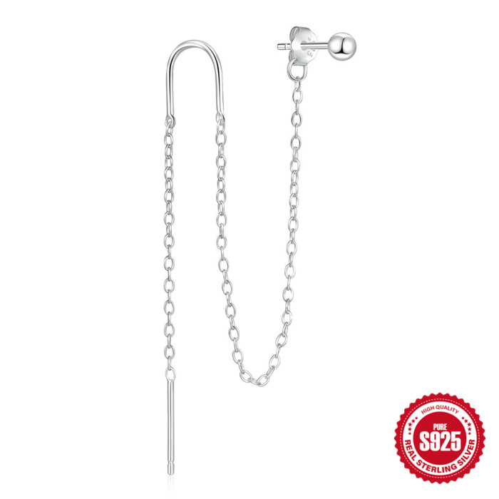 S925 Sterling Silver Vintage Chain Tassel Star Round Bead Earrings Ear Thread Ear Studs Japanese and Korean Style Elegant Personality Silver Plated Earrings