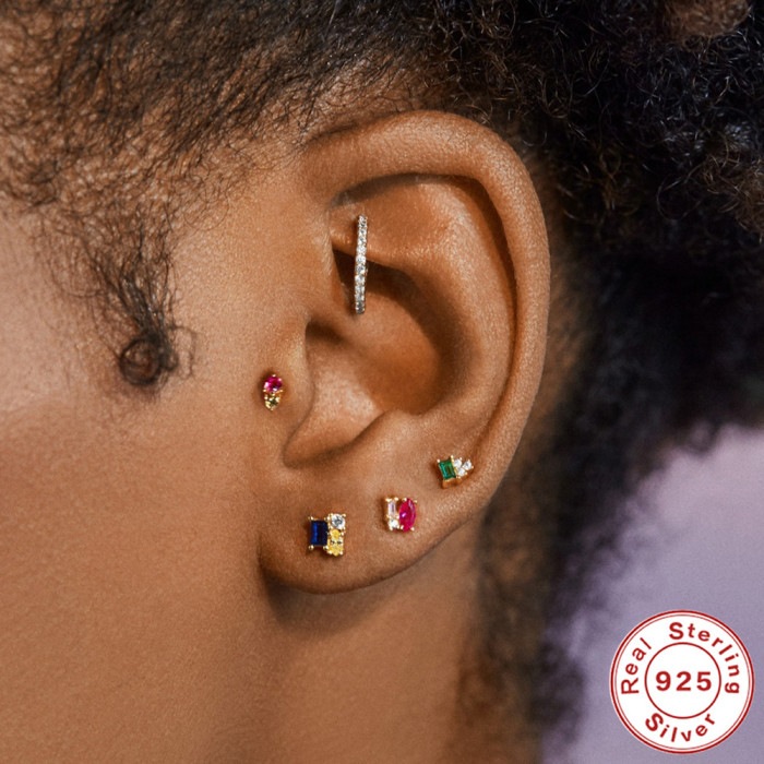 S925 Sterling Silver Geometric Colorful Stone-Inlaid Earrings Set AliExpress Hot Sale Fashion Trend INS Style Earri...