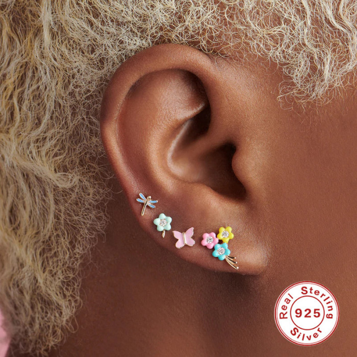 S925 Sterling Silver INS Butterfly Enamel Oil Drop Colorful Stud Earrings Bestselling Cute Elegant Earrings