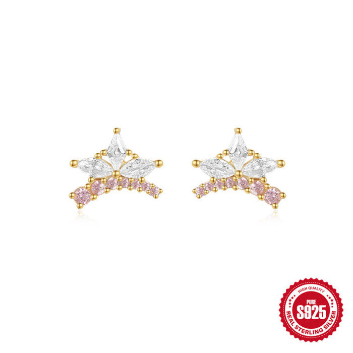 S925 Sterling Silver Eight-Pointed Star Opal Inlaid Diamond Stud Earrings for Women Heart-shaped Light Luxury Niche A...