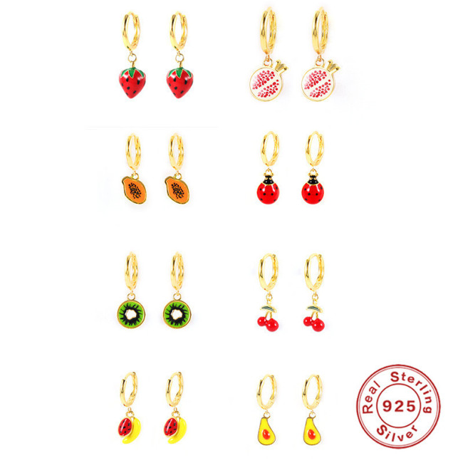 S925 Sterling Silver Fruit Pendant Oil Drop Earrings Hoop Earrings European and American Hot Selling Fashion Simple Creative Earrings Jewelry