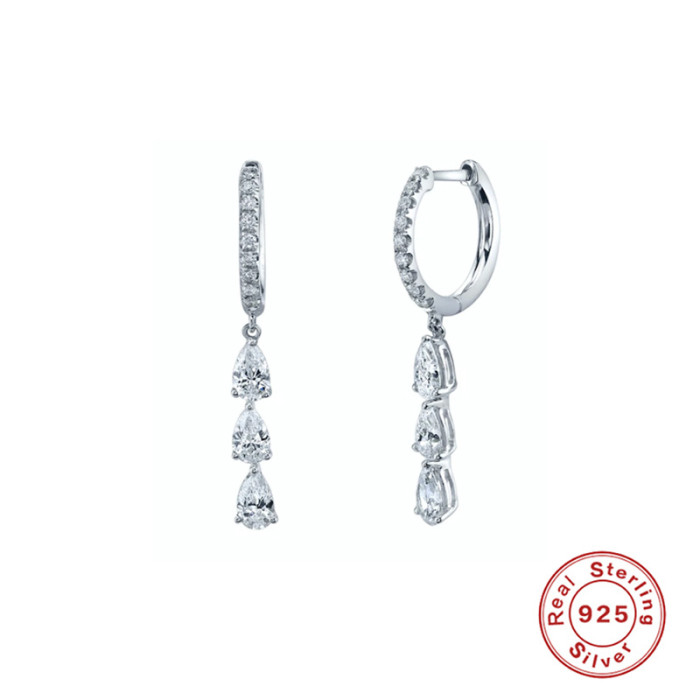 S925 Sterling Silver 3 Diamond Pear-shaped Hoop Earrings European and American Cross-border Best-selling INS Style Personality Light Luxury Earrings