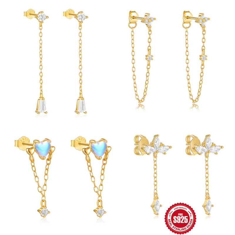 S925 Sterling Silver Inlaid Marquise Zircon Tassel Heart Stud Earrings European and American Hot-Selling Niche Design Earrings