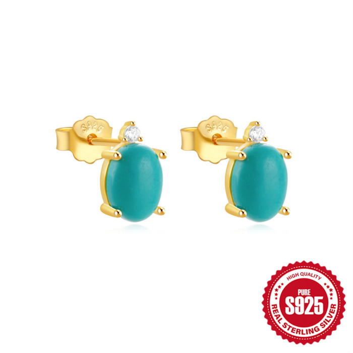 New S925 Sterling Silver Turquoise Inlaid Diamond Women's Luxury Stud Earrings European and American Hot Sale Party Evening High-end Earrings