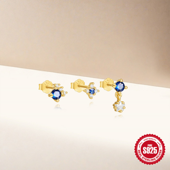 S925 Sterling Silver Exquisite Small Star Earrings Three-Piece Set Korean Version High-End Niche Design Zircon Earrin...
