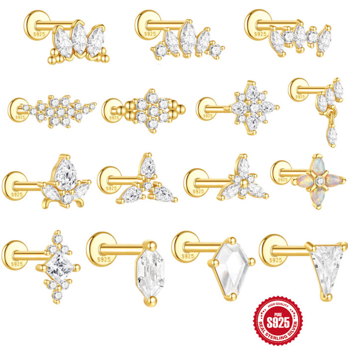 S925 Sterling Silver Horse Eye Geometric Inlaid Diamond Opal Flat Head Threaded Piercing Ear Bone Stud AliExpress Hot Sale Light Luxury Earrings