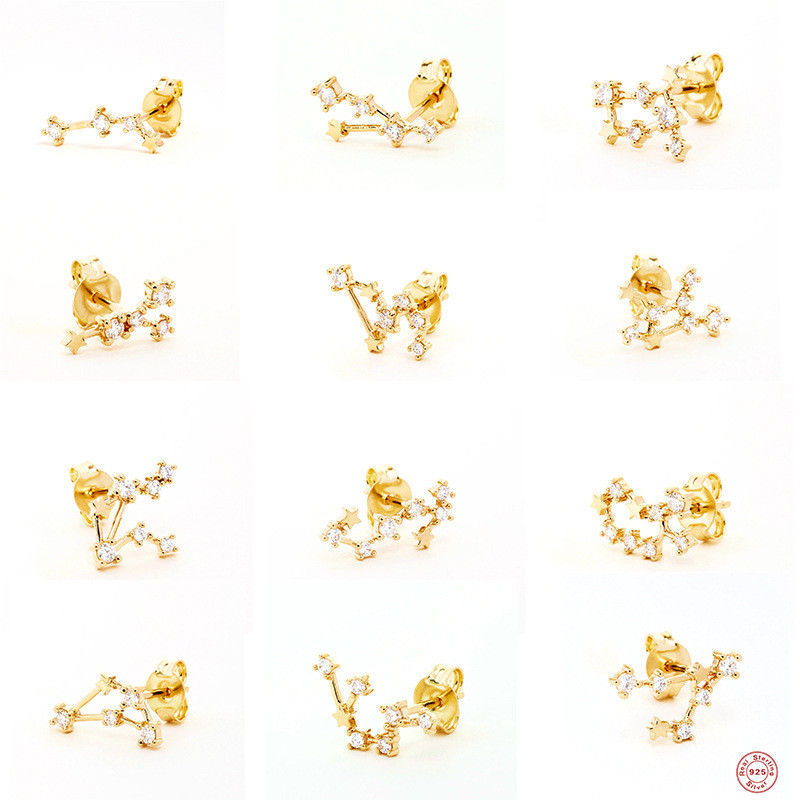 S925 Sterling Silver Irregular Zodiac Sign Diamond-Studded Pentagram Earrings European and American Bestselling Creative Style Earrings for Women