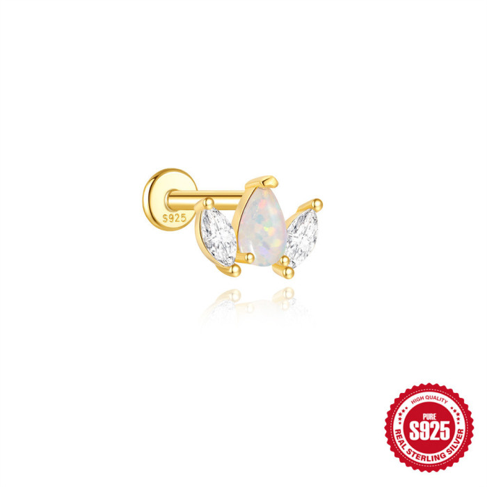 S925 Sterling Silver Inlaid Diamond Tassel Flat Head Soft Bone Spiral Piercing Ear Bone Stud European and American Hot-Selling High-End Opal Ear Jewelry