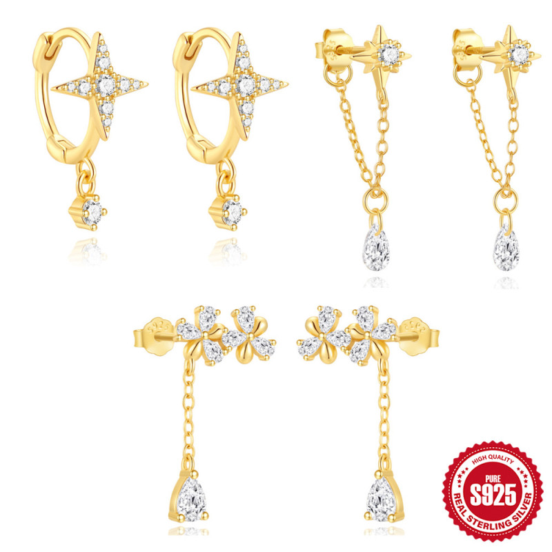 S925 Sterling Silver Hexagram Exquisite Layered Commuter Hoop Earrings European and American Classic Flower Inlaid Diamond Elegant Ear Jewelry