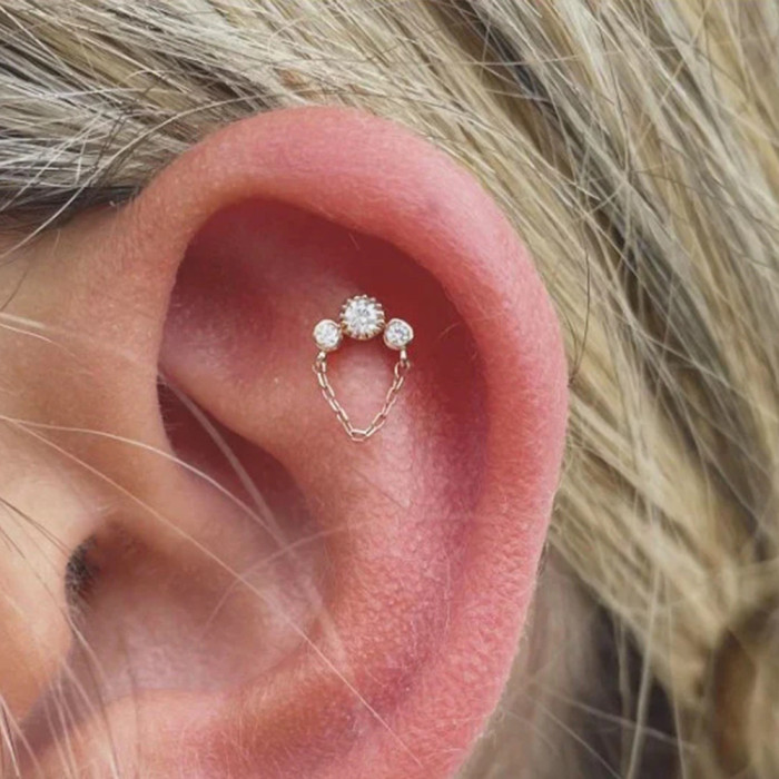 S925 Sterling Silver Inlaid Diamond Tassel Chain Threaded Piercing Ear Bone Stud European and American Fashion Simple Versatile INS Style Earrings