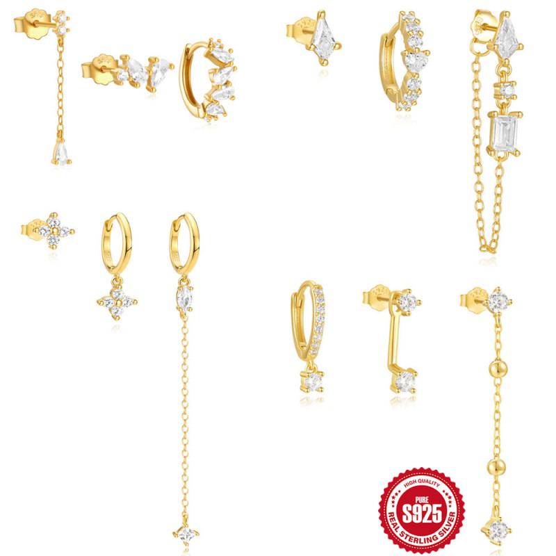 New S925 Sterling Silver Geometric Inlaid Diamond Tassel Chain Hoop Earrings Set European and American Cross-Border Hot Selling INS Earrings