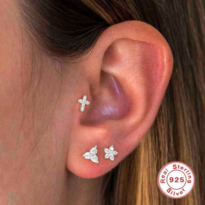 S925 Sterling Silver Single Cross Diamond-Studded Threaded Piercing Earrings European and American Fashion Ins Style Simple Mini Earrings