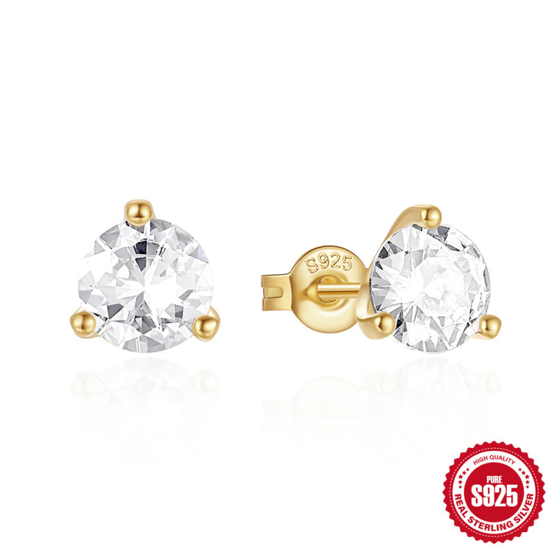 S925 Sterling Silver Three-Claw Diamond Single Zircon Stud Earrings Internet Celebrity Xiaohongshu Hot-Selling Basic Wearable Earrings