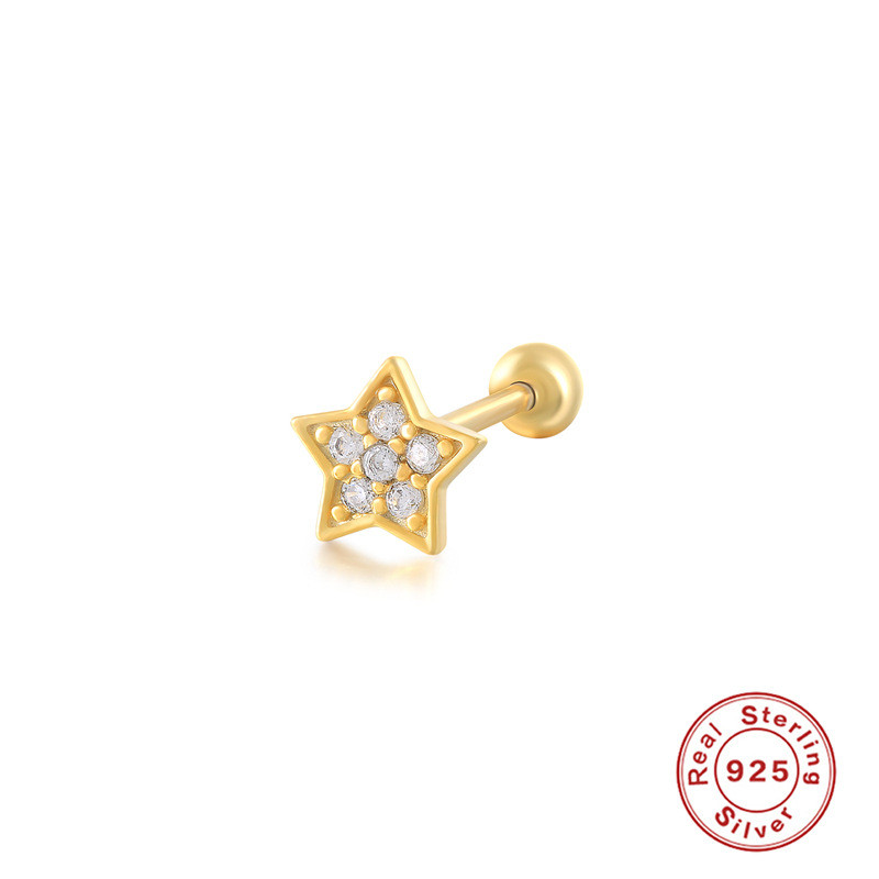 S925 Sterling Silver Star Inlaid Diamond Threaded Piercing Single Earring European and American Fashion Trend INS Style Ear Bone Stud