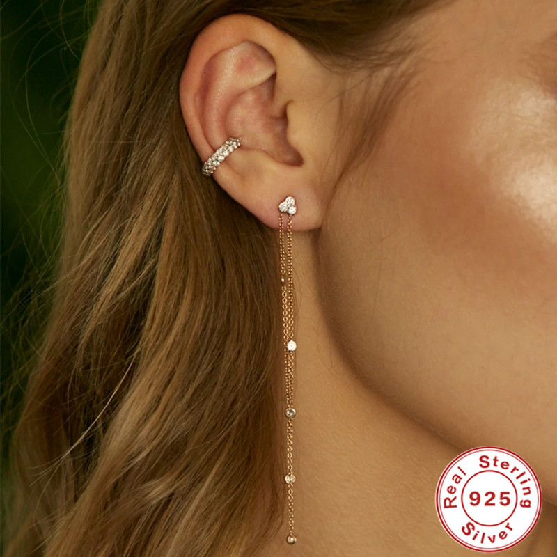 S925 Sterling Silver Tassel Inlaid Diamond Mini Pentagram Ear Thread Earrings Korean and Japanese Style Elegant Office Wear Earrings for Women