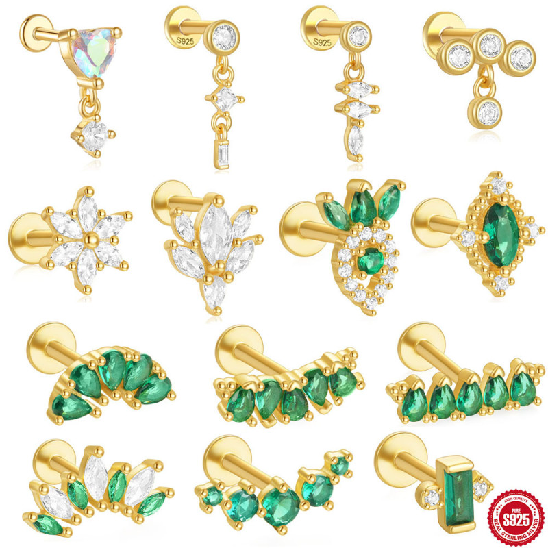 S925 Sterling Silver Horse Eye Heart Super Sparkling Green Diamond Flat Soft Bone Threaded Piercing Ear Bone Stud European and American Hot Selling Ear Jewelry