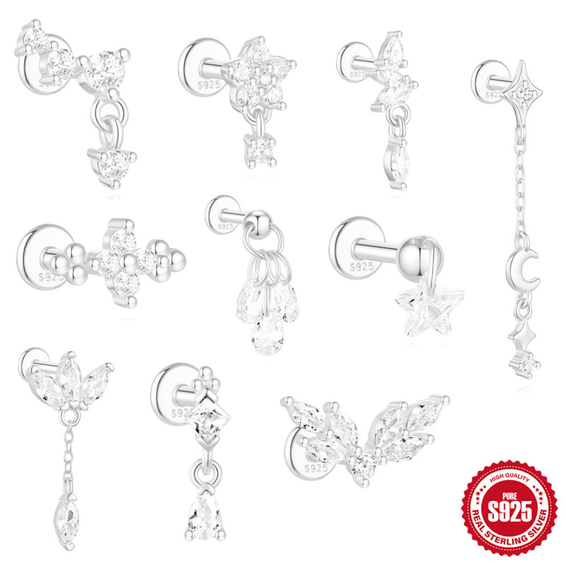 S925 Sterling Silver Daily Wear Diamond-Studded Soft Bone Flat Head Spiral Piercing Ear Bone Stud European and American Hot-Selling Platinum Ear Jewelry