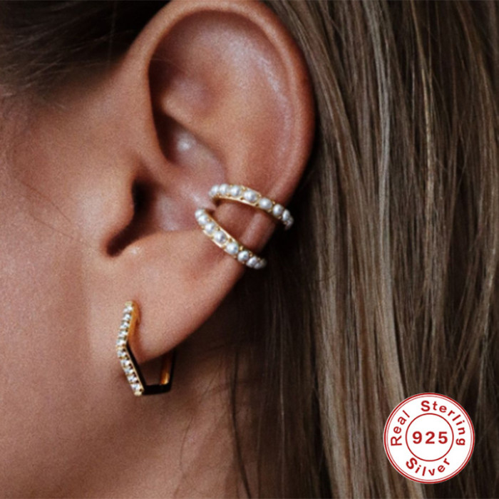 S925 Sterling Silver Design Hexagonal Stone-Inlaid Elegant Hoop Earrings Korean and Japanese Super Sparkling Diamon...