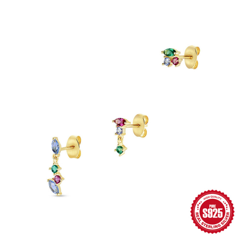 S925 Sterling Silver Earrings Personality Colorful Inlaid Diamond Stud Earrings Set European and American Fashion Simple Ins Style Stud Earrings Three-Piece Set