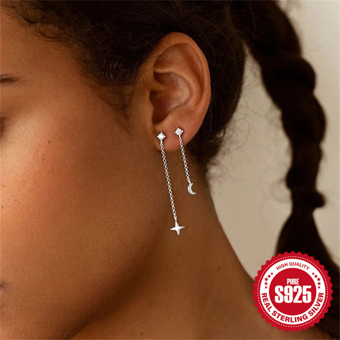 S925 Sterling Silver Simple Stone-Encrusted Chain Tassel Star Moon Earrings Stud Earrings Korean and Japanese Style...