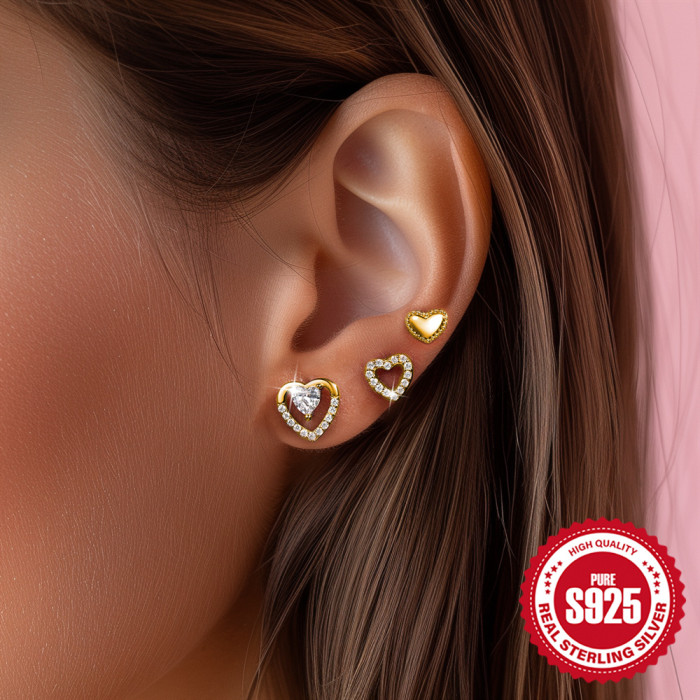 New 925 Sterling Silver Heart-Shaped Stone-Studded Earrings Korean and Japanese Niche Simple Fashionable Versatile...
