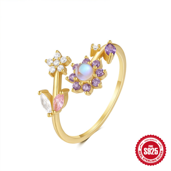 S925 Sterling Silver Heart Flower Inlaid Diamond Open Ring Korean Version Light Luxury Ins Opal Niche High-end Index Finger Ring