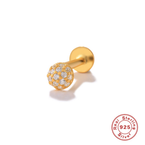 S925 Sterling Silver Simple Round Ball Inlaid Diamond Body Piercing Ear Bone Stud European and American Hot-Selling Threaded Piercing Cartilage Ear Jewelry