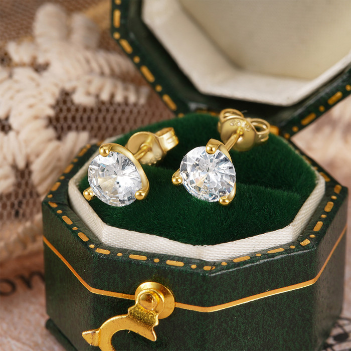 S925 Sterling Silver Three-Claw Diamond Single Zircon Stud Earrings Internet Celebrity Xiaohongshu Hot-Selling Basic Wearable Earrings